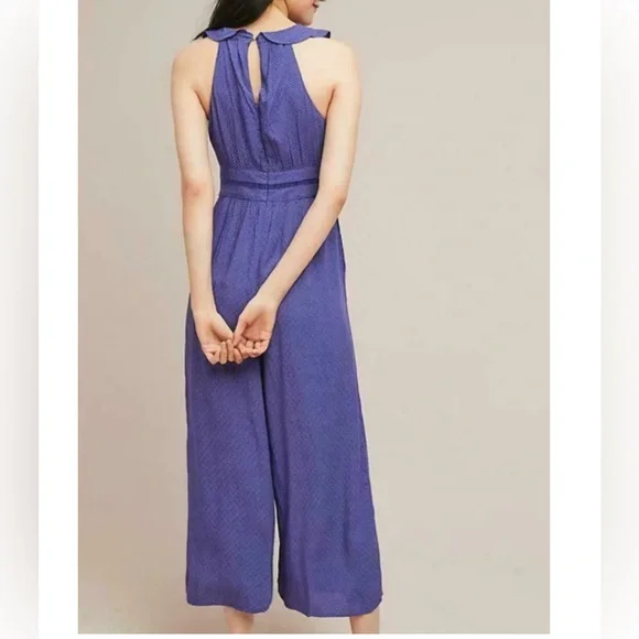 Anthropologie Maeve Justine Ruffled Polka Dot Wide Leg Jumpsuit in Marin Navy